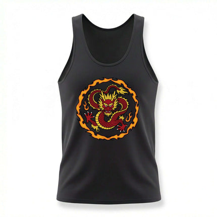 Black tank top featuring a vibrant, coiled red dragon graphic with fiery orange accents.