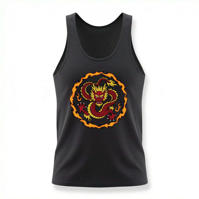 Black tank top featuring a vibrant, coiled red dragon graphic with fiery orange accents.