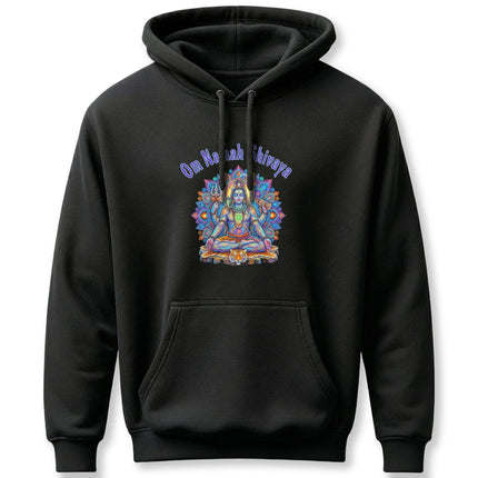 Spiritual Om Namah Shivaya Lord Shiva meditation graphic on black pullover hoodie.