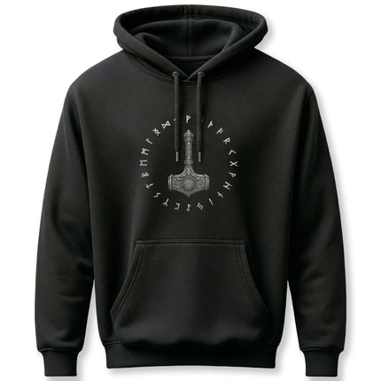 Black Norse hoodie featuring Mjolnir, Thor's hammer, and ancient Viking runes.