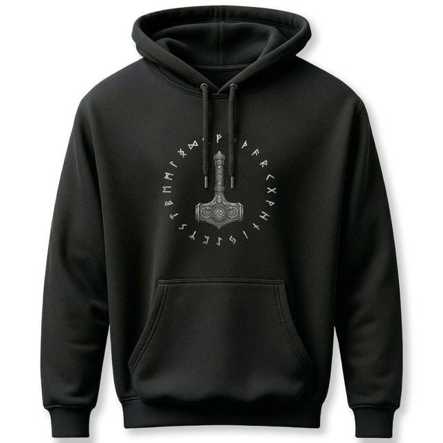 Black Norse hoodie featuring Mjolnir, Thor's hammer, and ancient Viking runes.