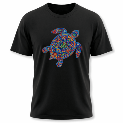 Vibrant Huichol-style Mexican indigenous art turtle graphic on a black tee.