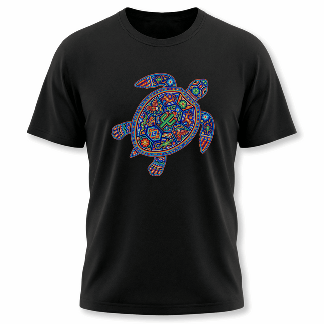 Vibrant Huichol-style Mexican indigenous art turtle graphic on a black tee.