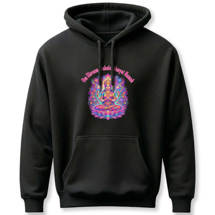 Lakshmi Goddess mantra print on black spiritual pullover hoodie.