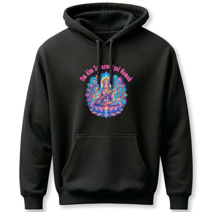 Spiritual Saraswati Goddess art hoodie featuring the Om Aim Saraswatyai Namah mantra.