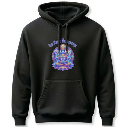 Psychedelic Vishnu mandala and Om Namah Narayanaya mantra on black pullover hoodie.