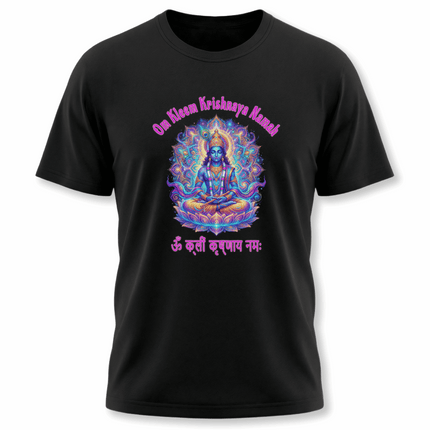 Vibrant Krishna mandala t-shirt featuring the Om Kleem Krishnaya Namah mantra print.