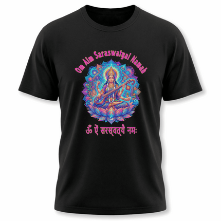 Saraswati Goddess mantra t-shirt featuring a vibrant mandala design and Om Aim Saraswatyai Namah.