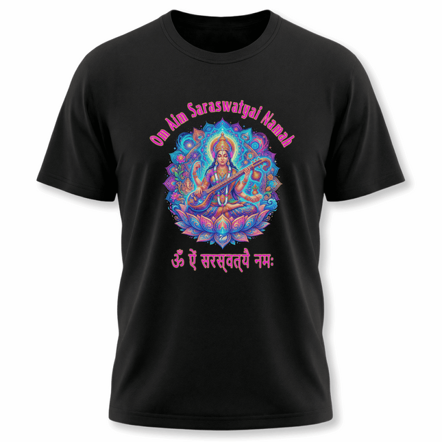 Saraswati Goddess mantra t-shirt featuring a vibrant mandala design and Om Aim Saraswatyai Namah.