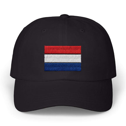 Black baseball cap featuring the embroidered Dutch tricolor flag.