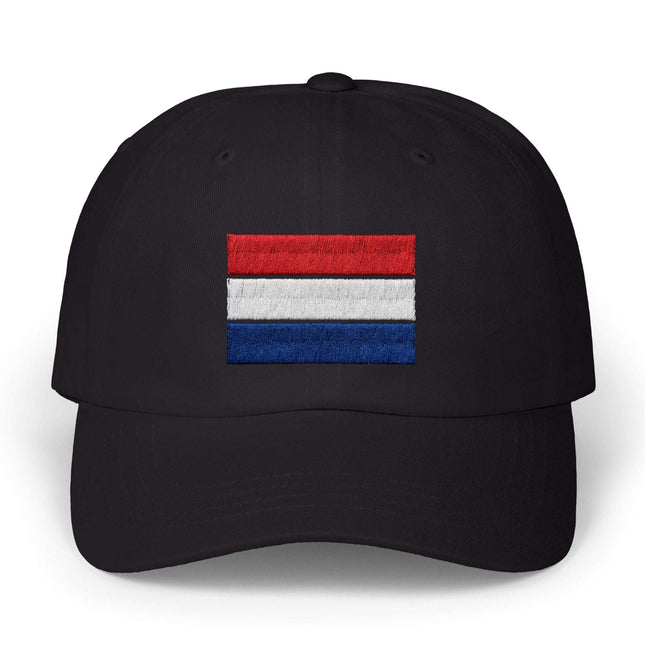 Black baseball cap featuring the embroidered Dutch tricolor flag.