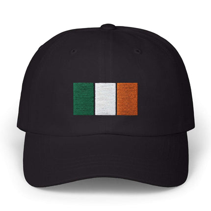 Black baseball cap featuring the embroidered Irish tricolor flag.