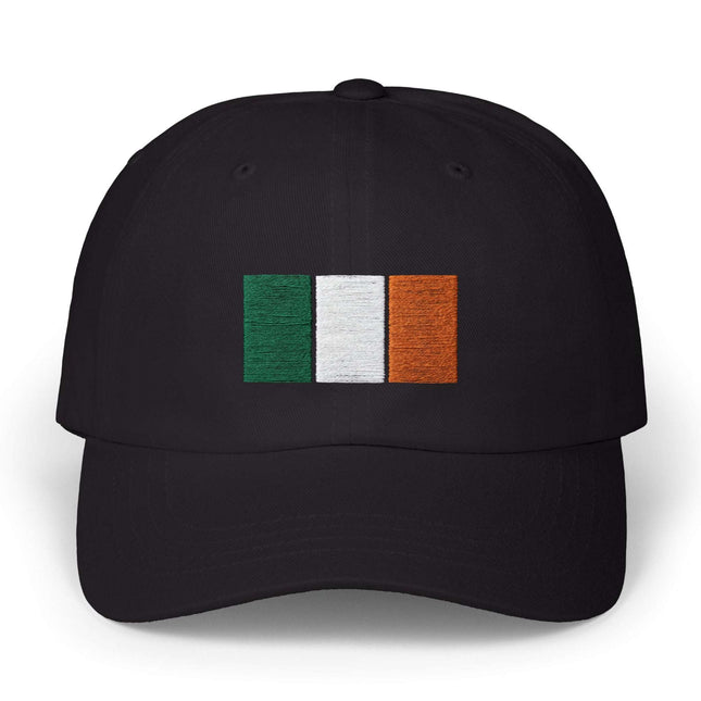 Black baseball cap featuring the embroidered Irish tricolor flag.