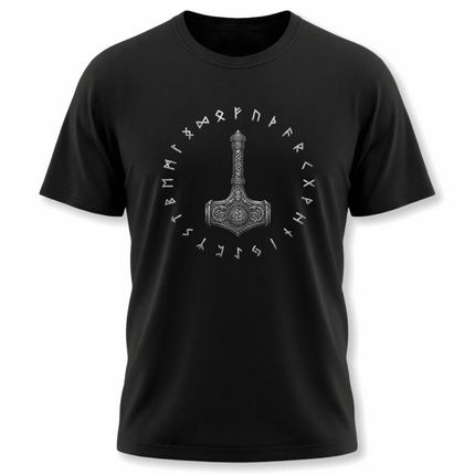 Mjolnir hammer and Norse runes graphic tee on a black t-shirt.