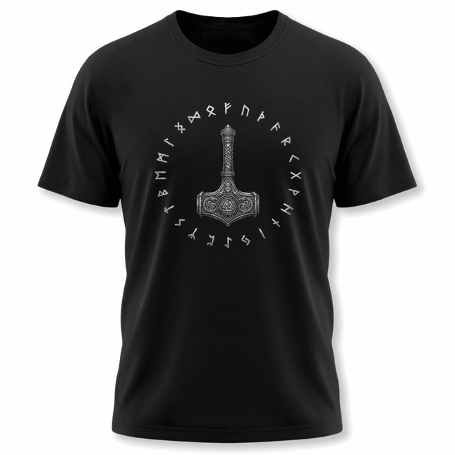 Mjolnir hammer and Norse runes graphic tee on a black t-shirt.