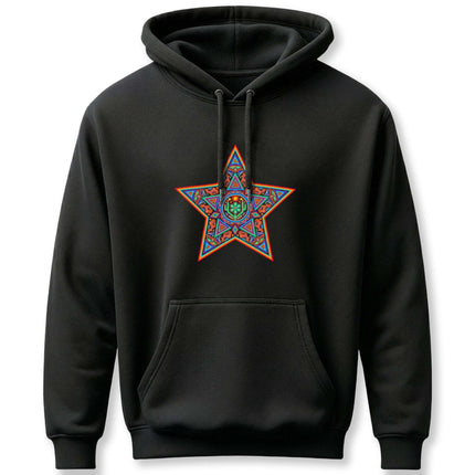 Unisex black hoodie featuring vibrant Huichol indigenous geometric star art print.
