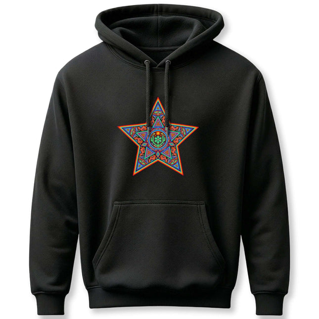 Unisex black hoodie featuring vibrant Huichol indigenous geometric star art print.