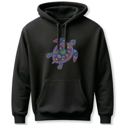 Black hoodie featuring vibrant Huichol Mexican folk art turtle design.