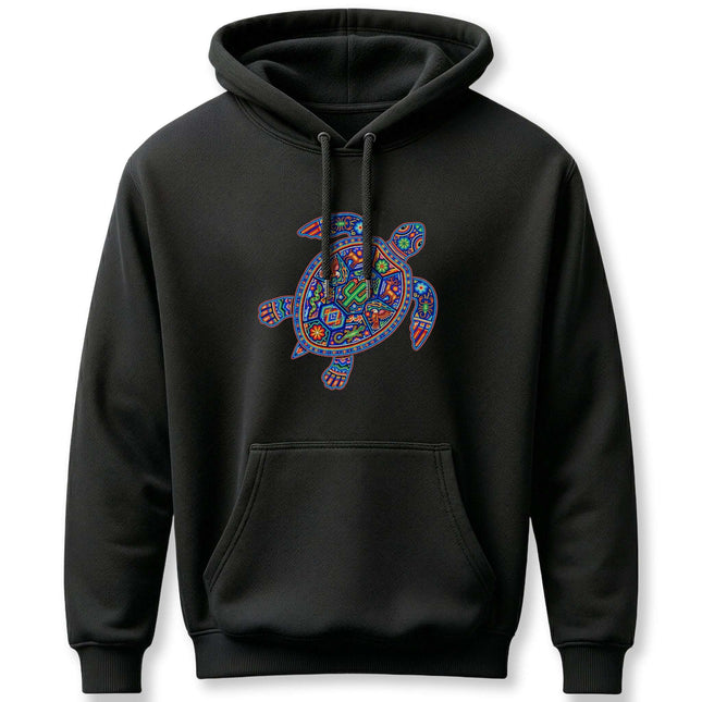 Black hoodie featuring vibrant Huichol Mexican folk art turtle design.