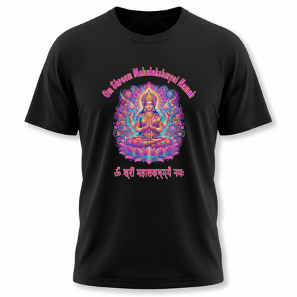 Spiritual Mahalakshmi Goddess art tee with Om Shreem mantra. Vibrant Hindu prosperity design.