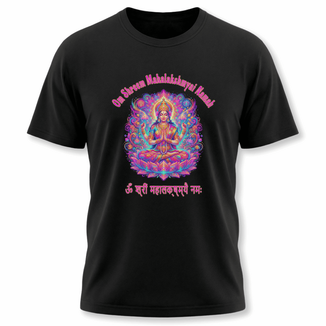 Spiritual Mahalakshmi Goddess art tee with Om Shreem mantra. Vibrant Hindu prosperity design.