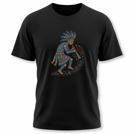 Kokopelli flute player graphic in vibrant Native American folk art style.