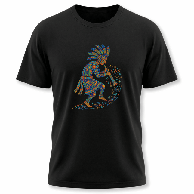 Kokopelli flute player graphic in vibrant Native American folk art style.