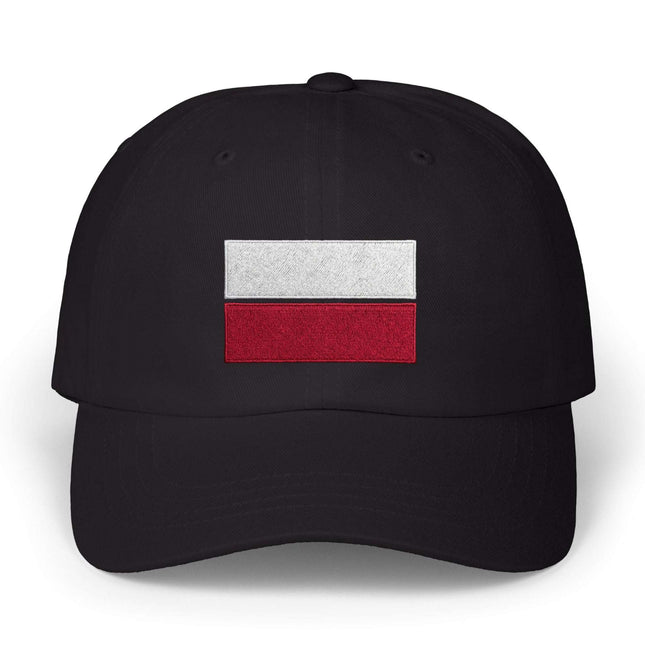 Black baseball cap featuring the embroidered Polish flag design.