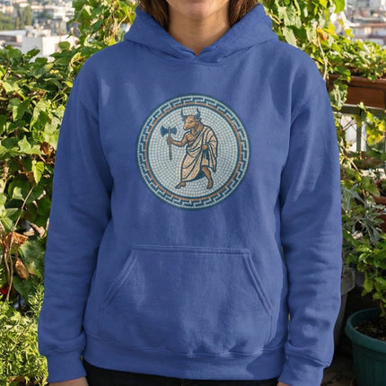 Mosaic Minotaur Hoodie | Greek Mythology Labrys Axe Unisex Pullover Hoodie