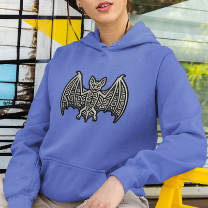 Geometric tribal bat design on a light blue unisex pullover hoodie.