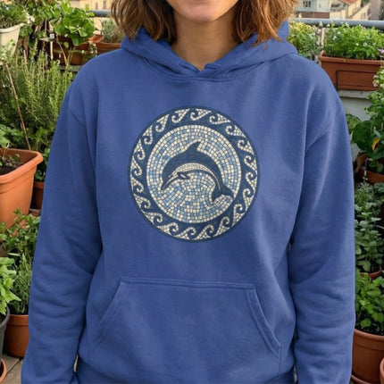 Blue hoodie featuring a mosaic dolphin design in a circular ocean pattern.