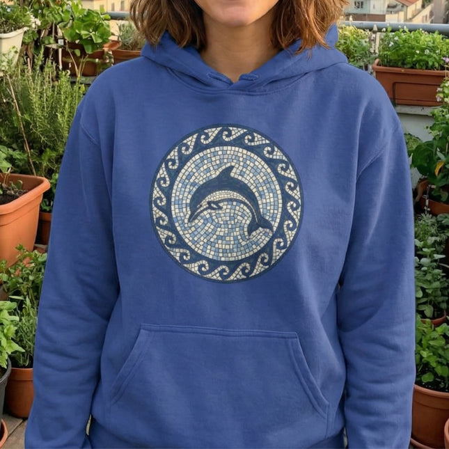 Mosaic Dolphin Hoodie | Blue Ocean Wave Art Pullover | Comfort Colors Hoodie
