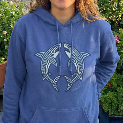 Blue hoodie featuring a tribal Mayan symbol of two stylized sharks. Geometric marine life design.