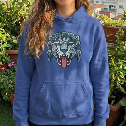 Blue hoodie with a vibrant Mayan Jaguar head graphic. Tribal Mesoamerican art design.