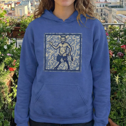 Satyr mosaic art hoodie featuring ancient Greek mythology faun design.
