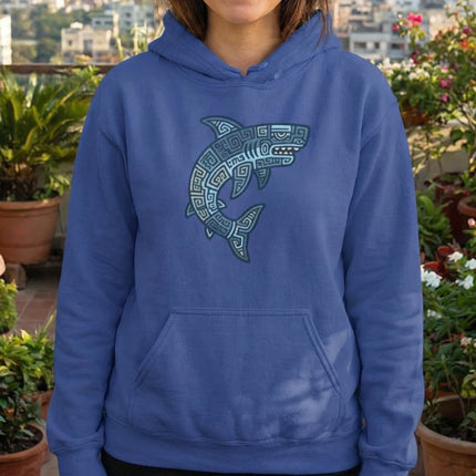 Geometric Mayan tribal shark graphic print in Aztec style.