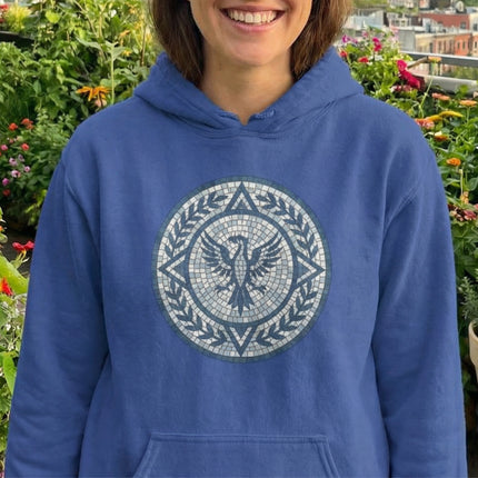 Phoenix eagle mosaic laurel wreath symbol on blue unisex pullover hoodie.