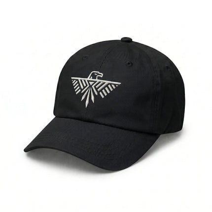 Black baseball cap featuring embroidered Thunderbird design.