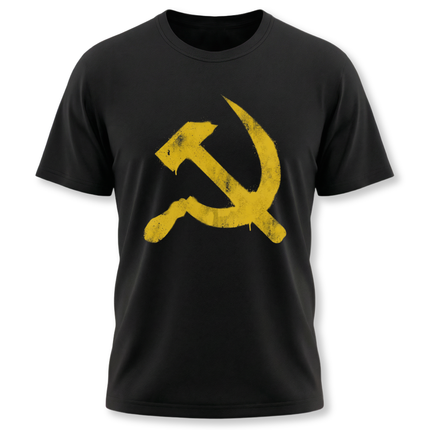 Black tee featuring a distressed yellow hammer and sickle communist symbol.