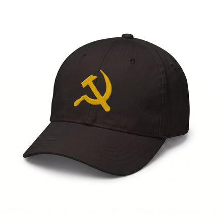 Black baseball cap with yellow embroidered hammer and sickle communist symbol.