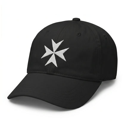 Black baseball cap with white embroidered Maltese Cross symbol.