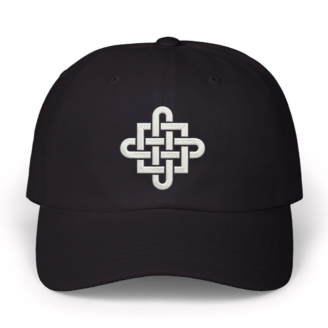 Black dad hat featuring white embroidered Celtic Cross knotwork symbol.