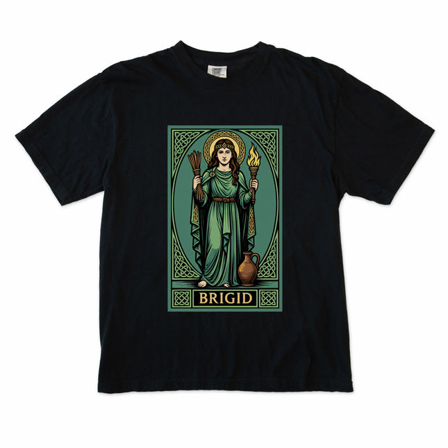 Brigid Celtic Goddess T-shirt featuring intricate knotwork and Irish mythological fire motifs.