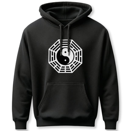 Black unisex hoodie with stylized Bagua and Yin Yang trigram graphic.