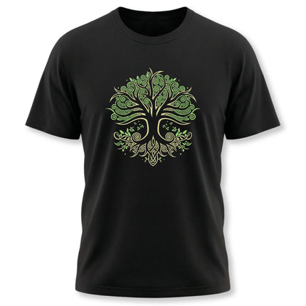 Celtic Tree of Life graphic on a black tee, featuring intricate knotwork and Yggdrasil World Tree design.