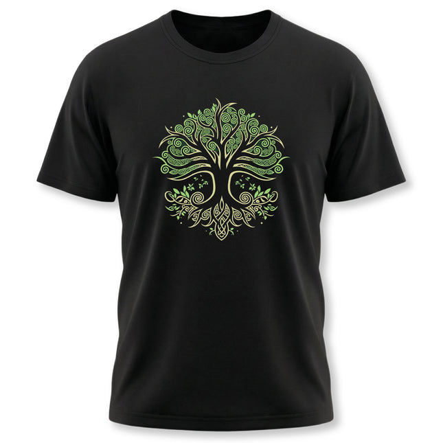 Celtic Tree of Life graphic on a black tee, featuring intricate knotwork and Yggdrasil World Tree design.