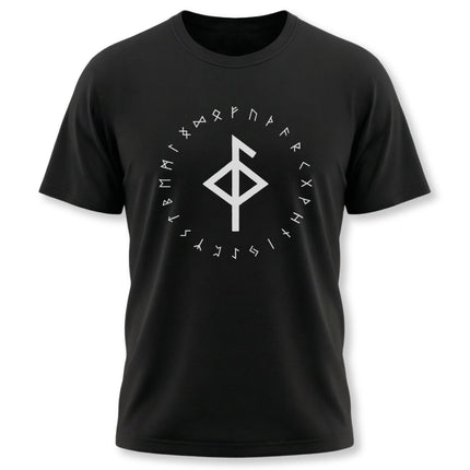 Black t-shirt featuring the Bind Rune and the full Elder Futhark runic alphabet.