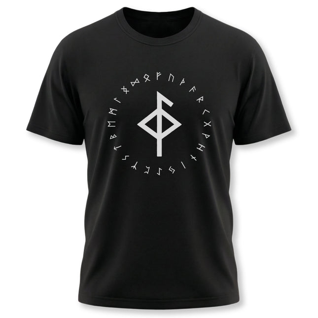 Black t-shirt featuring the Bind Rune and the full Elder Futhark runic alphabet.