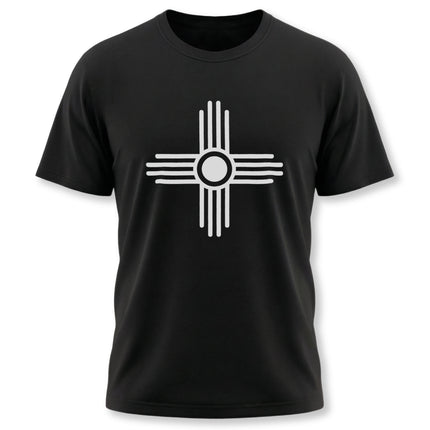 White Zia Sun symbol graphic on a black tee, representing Native American heritage and the four directions.