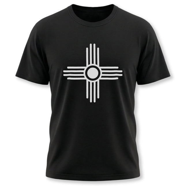 White Zia Sun symbol graphic on a black tee, representing Native American heritage and the four directions.
